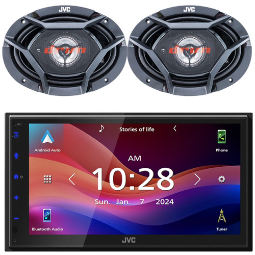 JVC KW-M695BW 6.8" WSVGA LCD Display Single-DIN Bluetooth USB/MP3 Digital Media Shallow Chassis Multimedia SiriusXM Ready Receiver, 2x JVC 6x9" 500 Watts Max Power 3-Way Coaxial Car Audio Speakers