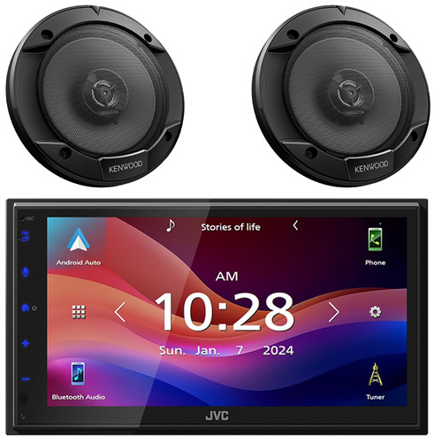 JVC KW-M695BW 6.8" WSVGA LCD Display Single-DIN Bluetooth USB/MP3 Digital Media Shallow Chassis Multimedia SiriusXM Ready Receiver, 2x Kenwood KFC-1666S 6.5" 300W Max Power 2-Way Car Audio Speakers