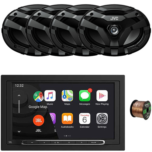 JBL Legend 700 7” Touchscreen Display Double-DIN Mechless Bluetooth AM/FM Receiver W/Wireless Apple CarPlay & Android Auto, 4x 6x9" 400 Watts Max Power 2-Way Coaxial Car Audio Speakers W/50 Feet Wire