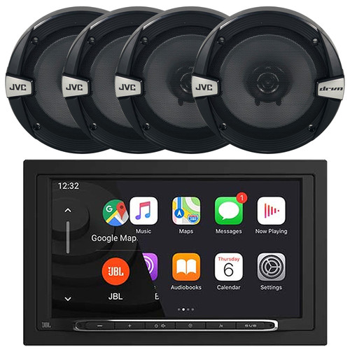 JBL Legend 700 7” Touchscreen Display Double-DIN Mechless Bluetooth AM/FM Receiver W/Wireless Apple CarPlay & Android Auto, 4x JVC CS-DR162 6.5" 300 Watt Max Power 2-Way Coaxial Car Audio Speakers