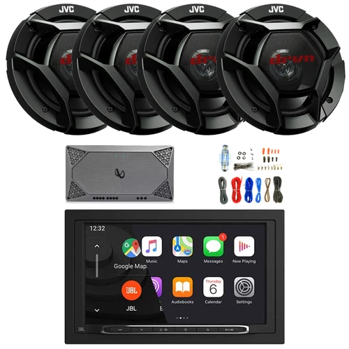 JBL Legend 700 7” Touchscreen Display Double-DIN Mechless Bluetooth AM/FM Receiver W/Wireless Apple CarPlay & Android Auto, 4x 6.5" 300W Max Power 2-Way Car Audio Speakers, 4 Channel Amplifier W/Kit