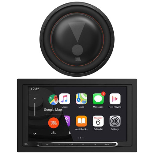 JBL Legend 700 7” Touchscreen Display Double-DIN Mechless Bluetooth AM/FM Radio Receiver, JBL Club 122SL 12” 1200W Max Power Shallow Mount Subwoofer W/Selectable Smart Impedance 2 to 4 ohm (Single)