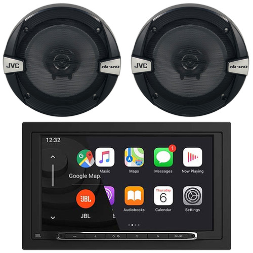 JBL Legend 700 7” Touchscreen Display Double-DIN Mechless Bluetooth AM/FM Receiver W/Wireless Apple CarPlay & Android Auto, 2x JVC CS-DR162 6.5" 300 Watt Max Power 2-Way Coaxial Car Audio Speakers