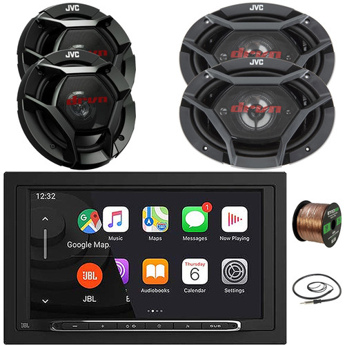 JBL Legend 700 7” Touchscreen Display Double-DIN Mechless Bluetooth AM/FM Receiver W/Wireless Apple CarPlay & Android Auto, 2x 6.5" 300W Max Speakers, 2x 6x9" 550W Max 4-Way Speakers W/Wire, Antenna