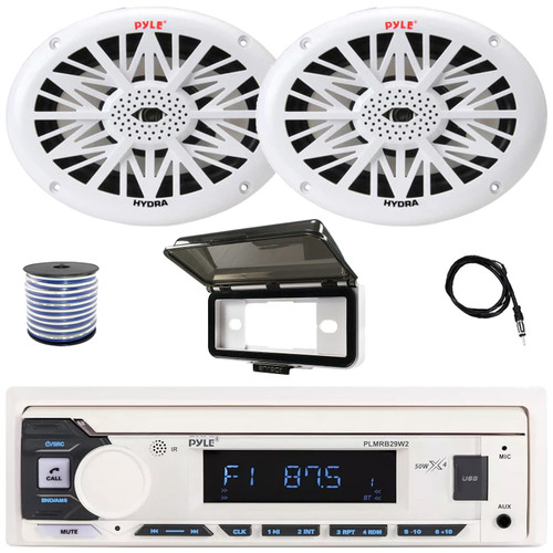 Pyle PLMRB29W2 Single DIN Marine Bluetooth USB/AUX MP3 Player AM/FM Radio Stereo Receiver w/White Cover, 2x 6x9" 260 Watt Max Power 2-Way Full Range White Boat Speakers, Radio Antenna, Speaker Wire