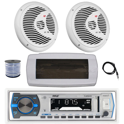 Pyle PLMRB29W Single DIN Bluetooth Marine MP3 AM/FM Stereo Receiver with White Cover, 22" Radio Antenna, Wire, 2x 8'' 180 Watt Max Full Range Dual Cone Waterproof Stereo Speakers (White)
