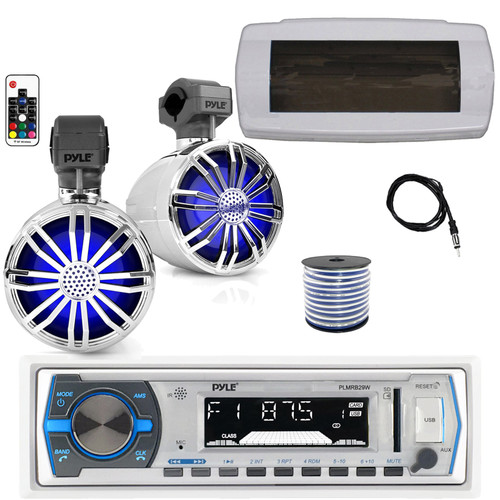 Pyle PLMRB29W Single DIN Bluetooth Marine MP3 AM/FM Stereo Receiver with White Cover, 22" Radio Antenna, Wire, 2x 3.5" 20 Watt Max Bluetooth Full Range Waterproof LED Off-Road Speakers (Chrome)