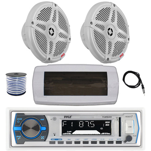 Pyle PLMRB29W Single DIN Bluetooth Marine MP3 AM/FM Stereo Receiver with White Cover, 22" Radio Antenna, Wire, 2x 6.5" 600 Watt Max 2-Way Full Range Waterproof Wireless RF Streaming Speakers (White)