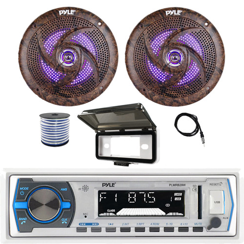 Pyle PLMRB29W Single-DIN Marine Bluetooth USB/AUX MP3 Player AM/FM Radio In-Dash White Stereo Receiver W/White Cover, 2x 6.5'' 240W Max Low Profile Slim Style Camo LED Speakers, Antenna, Speaker Wire