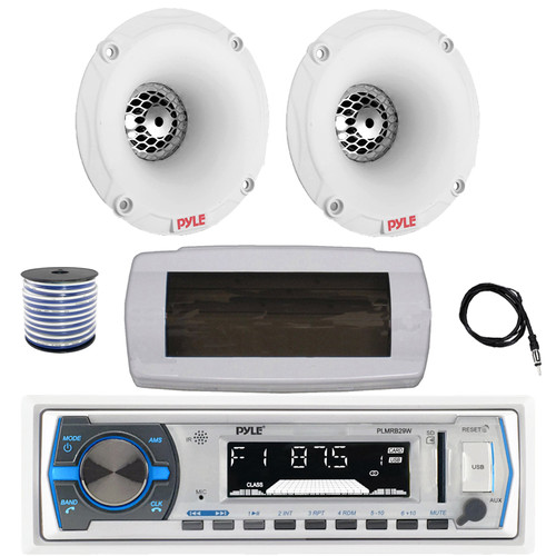 Pyle PLMRB29W Single DIN Bluetooth Marine MP3 AM/FM Stereo Receiver with White Cover, 22" Radio Antenna, Wire, 2x 1" 120 Watt Max Waterproof Audio Tweeters w/Crossover Network (White)