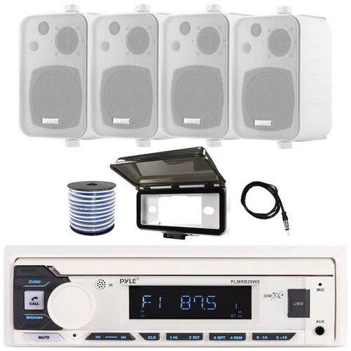 Pyle PLMRB29W2 Single DIN Marine Bluetooth USB/AUX MP3 Player AM/FM Radio Stereo Receiver w/White Cover, 4x 4" 30 Watt Max Power 3-Way Indoor/Outdoor White Box-Speakers, Radio Antenna, Speaker Wire