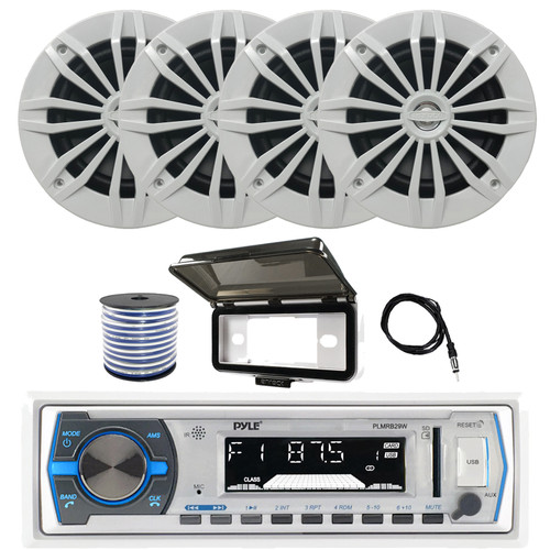 Pyle PLMRB29W Single DIN Marine Bluetooth USB/AUX MP3 Player AM/FM Radio In-Dash White Stereo Receiver w/White Cover, 4x 6.5" 180 Watt Max Power 2-Way White Boat Speakers, Radio Antenna, Speaker Wire