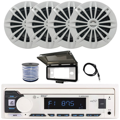Pyle PLMRB29W2 Single DIN Marine Bluetooth USB/AUX MP3 Player AM/FM Radio Stereo Receiver w/White Cover, 4x 6.5" 180W Max 2-Way White Boat Speakers, 22" Radio Antenna, 50 Feet 18 Gauge Speaker Wire