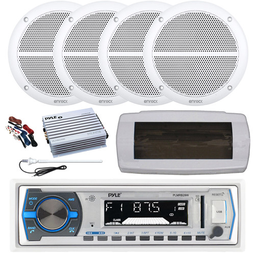 Pyle PLMRB29W Single DIN Bluetooth Marine MP3 AM/FM Stereo Receiver with White Cover, Long Range Antenna, Amplifier w/Kit, 4x 6.5" 90 Watt Peak Power 2-Way Full Range Audio Speakers (White)