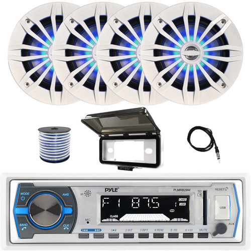 Pyle PLMRB29W Single DIN Marine Bluetooth USB/AUX MP3 Player AM/FM Radio In-Dash White Stereo Receiver w/White Cover, 4x 6.5" 180W Max Power 2-Way Blue LED White Speakers, Radio Antenna, Speaker Wire