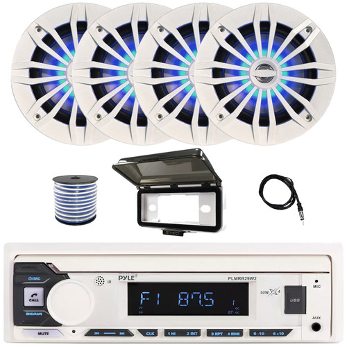 Pyle PLMRB29W2 Single DIN Marine Bluetooth USB/AUX MP3 Player AM/FM Radio Stereo Receiver w/White Cover, 4x 6.5" 180W Max 2-Way Blue LED Speakers, 22" Radio Antenna, 50 Feet 18 Gauge Speaker Wire