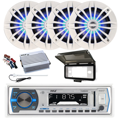 Pyle PLMRB29W Single DIN Marine Bluetooth USB/AUX MP3 Player AM/FM Radio In-Dash White Stereo Receiver w/White Cover, 4x 6.5" 180W Max 2-Way Blue LED White Speakers, 4 Channel Amplifier w/Kit, Antenna