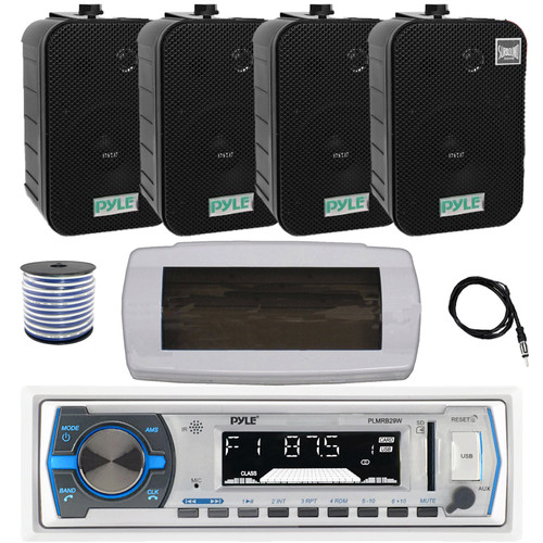 Pyle PLMRB29W Single DIN Bluetooth Marine MP3 AM/FM Stereo Receiver with White Cover, 22" Radio Antenna, Wire, 4x 5.25" 400W Max Indoor/Outdoor Waterproof Audio Speakers (Black)