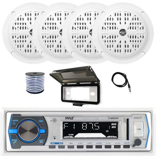 Pyle PLMRB29W Single-DIN Marine Bluetooth USB/AUX MP3 Player AM/FM Radio In-Dash White Stereo Receiver W/White Cover, 4x 4'' 100W Max Power Dual Cone White Stereo Speakers, Radio Antenna, Speaker Wire
