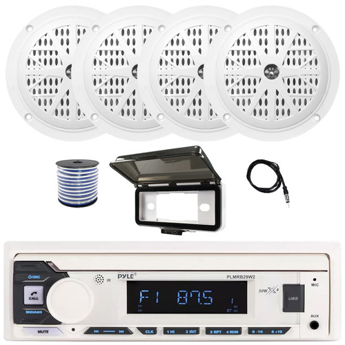 Pyle PLMRB29W2 Single DIN Marine Bluetooth USB/AUX MP3 Player AM/FM Radio Stereo Receiver w/White Cover, 4x 4" 100W Max Power Dual Cone Waterproof White Stereo Speakers, Radio Antenna, Speaker Wire