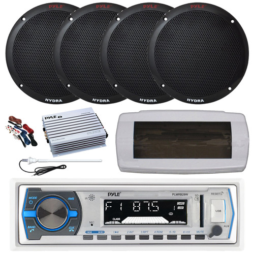 Pyle PLMRB29W Single DIN Bluetooth Marine MP3 AM/FM Stereo Receiver, White Cover, Long Range Antenna, Amplifier w/Kit, 4x 6.5'' 400W Peak 2-Way Full Range Dual Cone Waterproof Speakers (Black)