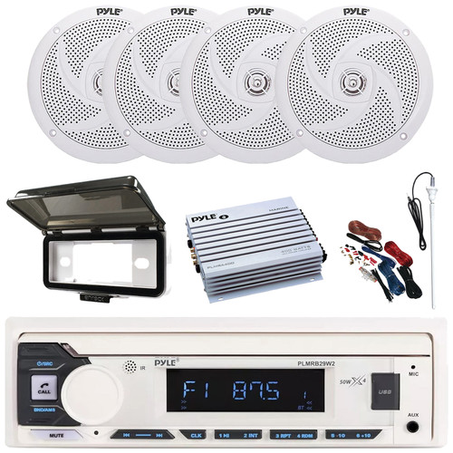 Pyle PLMRB29W2 Single DIN Marine Bluetooth USB/AUX MP3 Player AM/FM Radio Stereo Receiver w/White Cover, 4x 6'' 240W Max Power Low Profile 2-Way White Boat Speakers, 4 Channel Amplifier w/Kit, Antenna