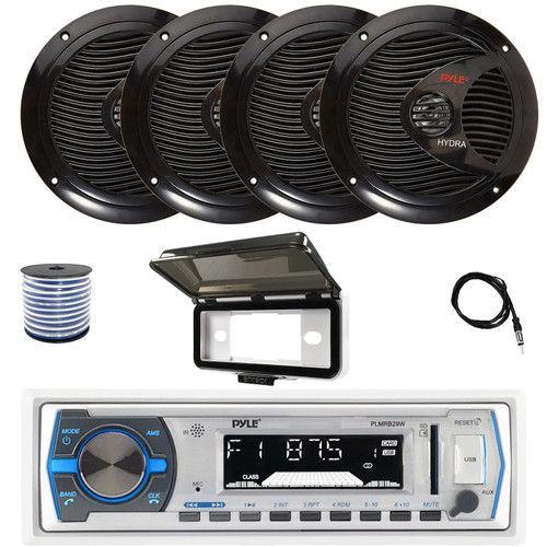 Pyle PLMRB29W Single-DIN Marine Bluetooth USB/AUX MP3 Player AM/FM Radio In-Dash White Stereo Receiver W/White Cover, 4x 6.5" 150W Max Full Range Dual Cone Black Speakers, Radio Antenna, Speaker Wire