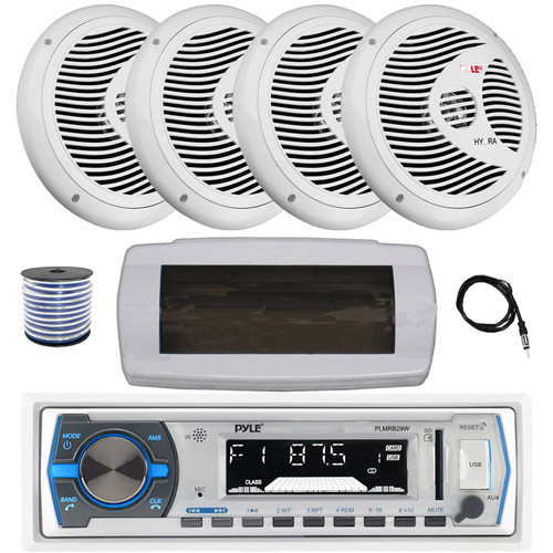 Pyle PLMRB29W Single DIN Bluetooth Marine MP3 AM/FM Stereo Receiver with White Cover, 22" Radio Antenna, Wire, 4x 8'' 180 Watt Max Full Range Dual Cone Waterproof Stereo Speakers (White)