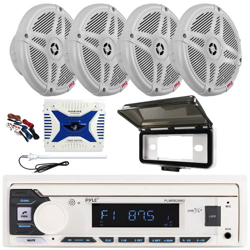 Pyle PLMRB29W2 Single DIN Marine Bluetooth USB/AUX MP3 Player AM/FM Radio Stereo Receiver w/White Cover, 4x 6.5" 600W Max Wireless RF Streaming Component Speakers, 4 Channel Amplifier w/Kit, Antenna