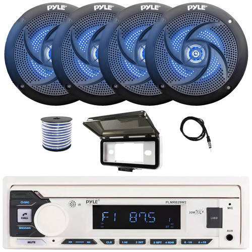 Pyle PLMRB29W2 Single DIN Marine Bluetooth USB/AUX MP3 Player AM/FM Radio Stereo Receiver w/White Cover, 4x 4" 100W Max 2-Way Low Profile Blue LED Black Boat Speakers, Radio Antenna, Speaker Wire