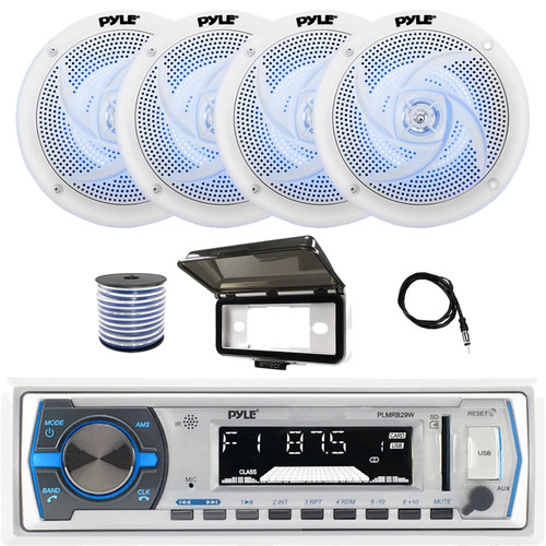 Pyle PLMRB29W Single DIN Marine Bluetooth USB/AUX MP3 Player AM/FM Radio In-Dash White Stereo Receiver w/White Cover, 4x 5.25" 180W Max 2-Way low-profile Blue LED Speakers, Radio Antenna, Speaker Wire