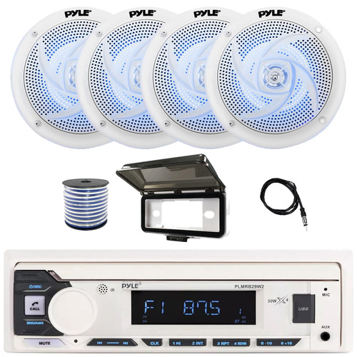Pyle PLMRB29W2 Single DIN Marine Bluetooth USB/AUX MP3 Player AM/FM Radio Stereo Receiver w/White Cover, 4x 5.25" 180W Max 2-Way Slim Style Blue LED White Speakers, Radio Antenna, Speaker Wire