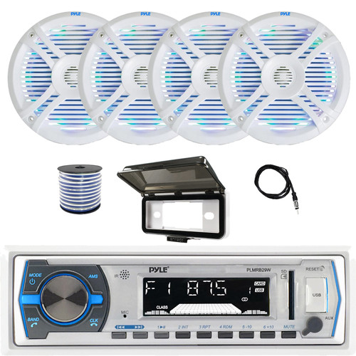 Pyle PLMRB29W Single-DIN Marine Bluetooth USB/AUX MP3 Player AM/FM Radio In-Dash White Stereo Receiver W/White Cover, 4x 6.5" 250W Max Dual Cone RGB LED White Speakers, Radio Antenna, Speaker Wire