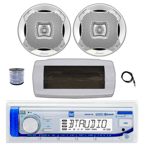 Dual MXD13 Single DIN Bluetooth Marine MP3 AM/FM Stereo Receiver with White Cover, 22" Radio Antenna, Wire, 2x 5.25" 400W Max 2-Way Water Resistant Audio Speakers (Silver)