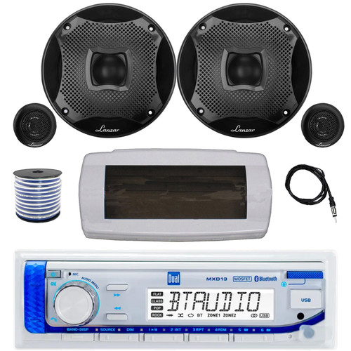 Dual MXD13 Single DIN Bluetooth Marine MP3 AM/FM Stereo Receiver with White Cover, 22" Radio Antenna, Wire, 2x 6.5" 450 Watt Peak 2-Way Water Resistant Boat Audio Speakers (Black)