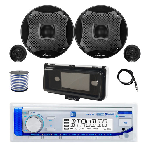 Dual MXD13 Single DIN Bluetooth Marine MP3 AM/FM Stereo Receiver with White Cover, 22" Radio Antenna, Wire, 2x 6.5" 450 Watt Peak 2-Way Water Resistant Boat Audio Speakers (Black)