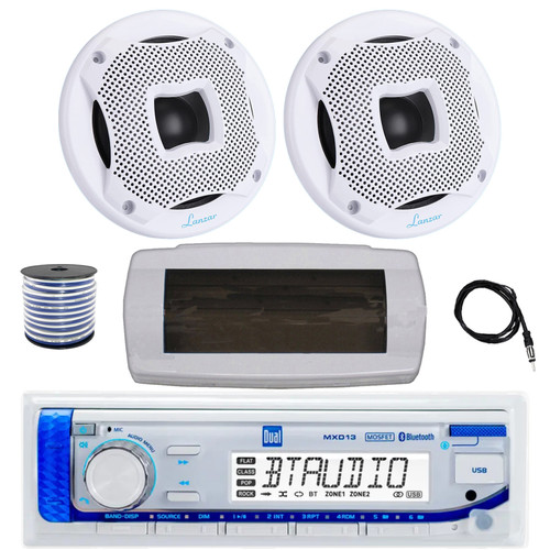 Dual MXD13 Single DIN Bluetooth Marine MP3 AM/FM Stereo Receiver with White Cover, 22" Radio Antenna, Wire, 2x 6.5" 450 Watt Peak 2-Way Water Resistant Boat Audio Speakers (White)