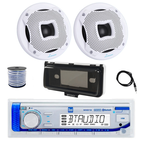 Dual MXD13 Single DIN Bluetooth Marine MP3 AM/FM Stereo Receiver with White Cover, 22" Radio Antenna, Wire, 2x 6.5" 450 Watt Peak 2-Way Water Resistant Boat Audio Speakers (White)