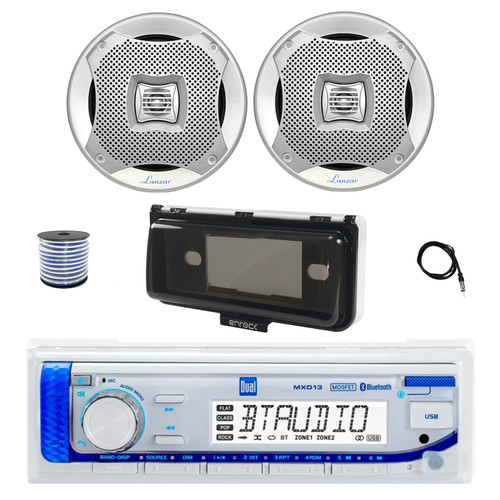 Dual MXD13 Single DIN Bluetooth Marine MP3 AM/FM Stereo Receiver with White Cover, 22" Radio Antenna, Wire, 2x 6.5" 400W Max 2-Way Water Resistant Audio Speakers (Silver)
