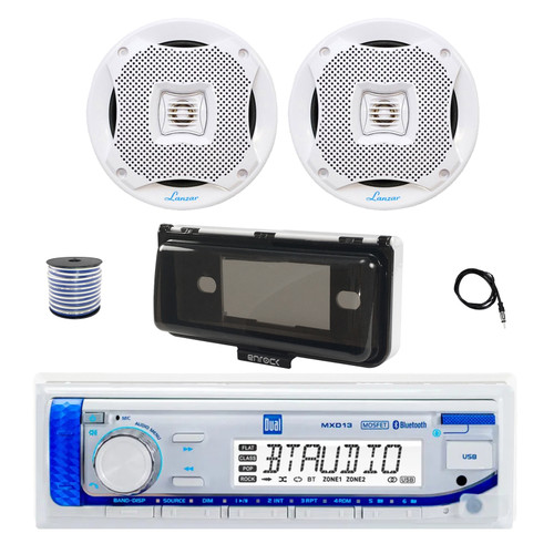 Dual MXD13 Single DIN Bluetooth Marine MP3 AM/FM Stereo Receiver with White Cover, 22" Radio Antenna, Wire, 2x 6.5" 400W Max 2-Way Water Resistant Audio Speakers (White)