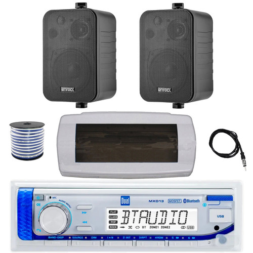 Dual MXD13 Single DIN Bluetooth Marine MP3 AM/FM Stereo Receiver with White Cover, 22" Radio Antenna, Wire, 2x 4" 30 Watt Peak Water-Resistant 3-Way InDoor/OutDoor Audio Speakers (Black)