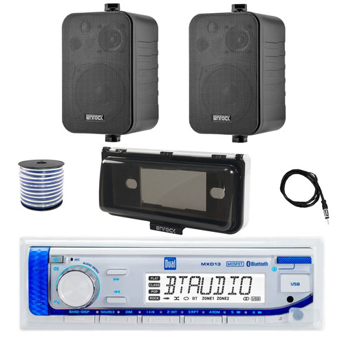 Dual MXD13 Single DIN Bluetooth Marine MP3 AM/FM Stereo Receiver with White Cover, 22" Radio Antenna, Wire, 2x 4" 30 Watt Peak Water-Resistant 3-Way InDoor/OutDoor Audio Speakers (Black)