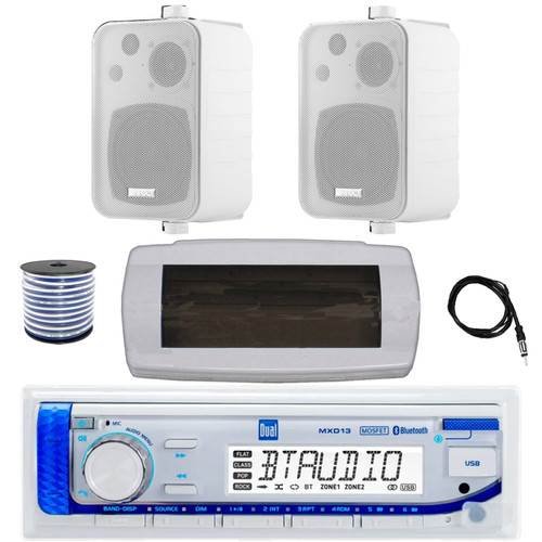 Dual MXD13 Single DIN Bluetooth Marine MP3 AM/FM Stereo Receiver with White Cover, 22" Radio Antenna, Wire, 2x 4" 30 Watt Peak Water-Resistant 3-Way InDoor/OutDoor Audio Speakers (White)