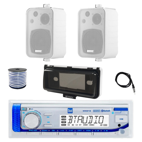 Dual MXD13 Single DIN Bluetooth Marine MP3 AM/FM Stereo Receiver with White Cover, 22" Radio Antenna, Wire, 2x 4" 30 Watt Peak Water-Resistant 3-Way InDoor/OutDoor Audio Speakers (White)