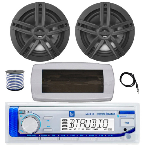 Dual MXD13 Single DIN Bluetooth Marine MP3 AM/FM Stereo Receiver with White Cover, 22" Radio Antenna, Wire, 2x 6.5" 180 Watt Max Power 2-Way Water Resistant Audio Speakers (Black)