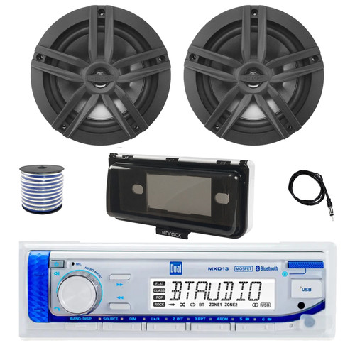 Dual MXD13 Single DIN Bluetooth Marine MP3 AM/FM Stereo Receiver with White Cover, 22" Radio Antenna, Wire, 2x 6.5" 180 Watt Max Power 2-Way Water Resistant Audio Speakers (Black)