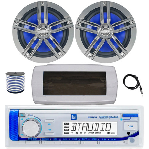 Dual MXD13 Single DIN Bluetooth Marine MP3 AM/FM Stereo Receiver with White Cover, 22" Radio Antenna, Wire, 2x 6.5" 180 Watt Max Power 2-Way Water Resistant Audio Speakers (Charcoal)