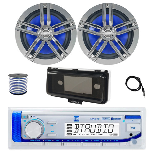 Dual MXD13 Single DIN Bluetooth Marine MP3 AM/FM Stereo Receiver with White Cover, 22" Radio Antenna, Wire, 2x 6.5" 180 Watt Max Power 2-Way Water Resistant Audio Speakers (Charcoal)