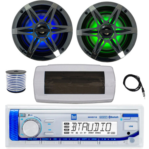 Dual MXD13 Single DIN Bluetooth Marine MP3 AM/FM Stereo Receiver with White Cover, 22" Radio Antenna, Wire, 2x 6.5" 120 Watt Peak Multicolor LED Boat Audio Speakers w/Chrome Grilles (Black)