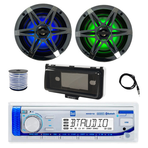 Dual MXD13 Single DIN Bluetooth Marine MP3 AM/FM Stereo Receiver with White Cover, 22" Radio Antenna, Wire, 2x 6.5" 120 Watt Peak Multicolor LED Boat Audio Speakers w/Chrome Grilles (Black)